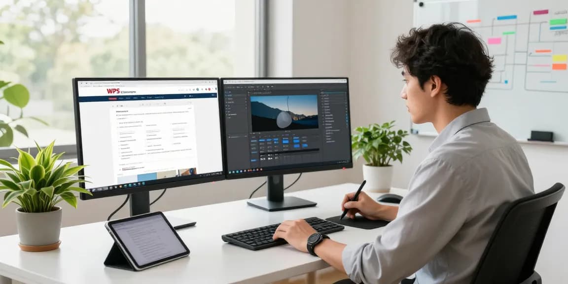Creative professional using the WPS Official Website in a modern office workspace, showcasing productivity tools and vibrant design elements.